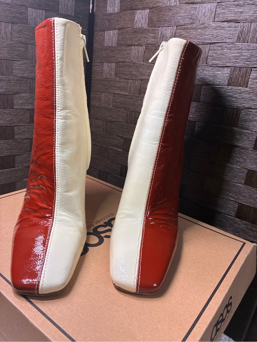 ASOS Two-Tone Red and Cream Patent Mid-Calf Boots